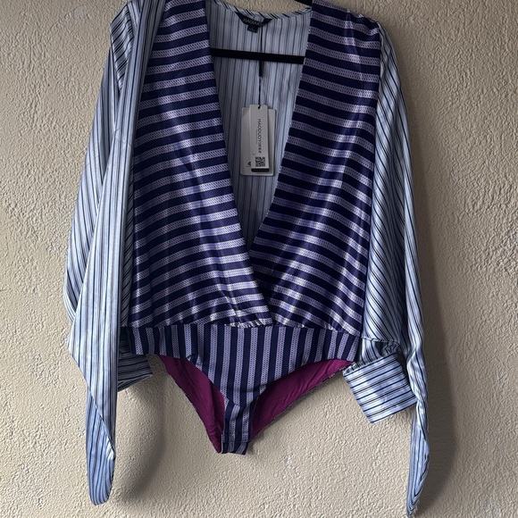 HAODOUYI Blue and Purple Striped V-Neck Bodysuit - Picture 6 of 7